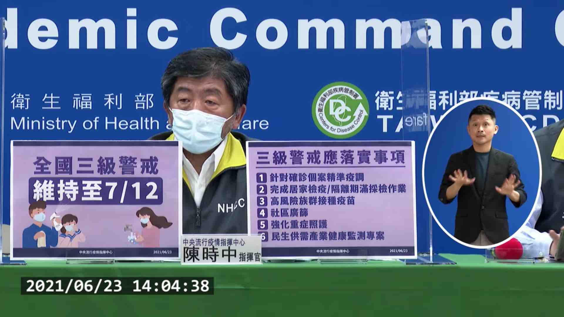 閱快訊》三級警戒再延至 7/12，今（6/23）本土確診104例、24死（圖翻攝自衛福部記者會）